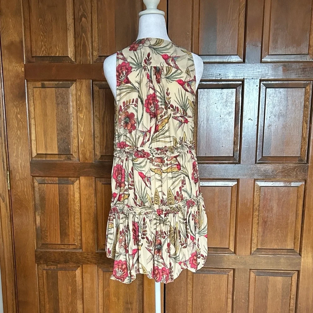 Free People Tiered Layered Floral Bird Print Blouse Top Tunic Small Boho